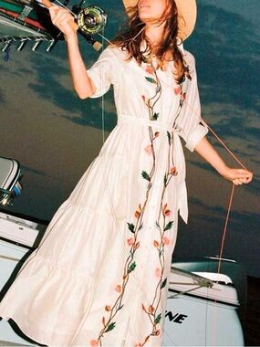 Anthropologie Samant Chauhan Embroidered Maxi Shirtdress Cotton & Silk 4 Petite